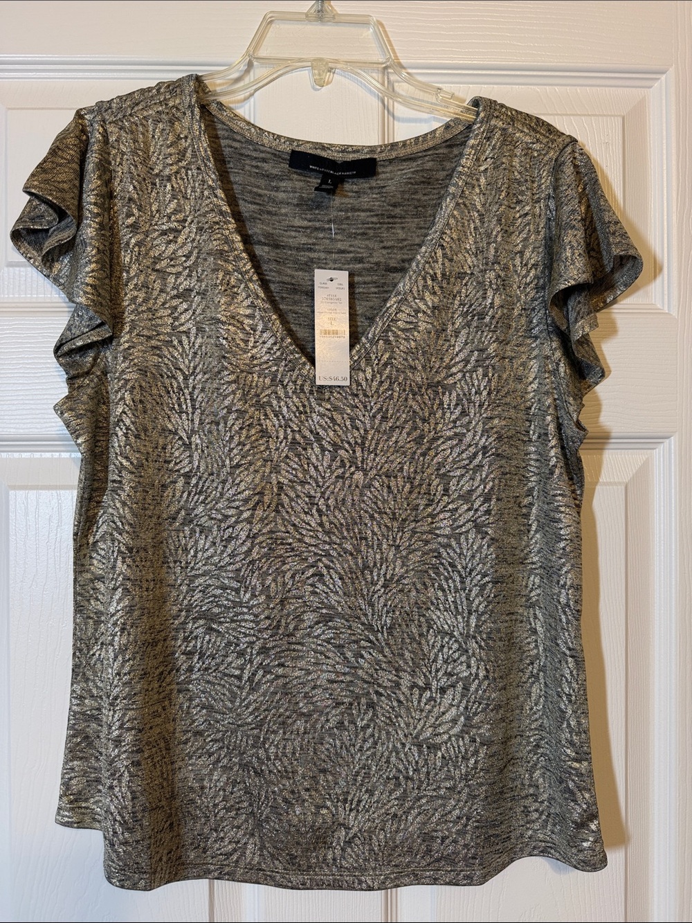 Worthington Metallic Heathered V-Neck Flutter Sleeve Top - Gray